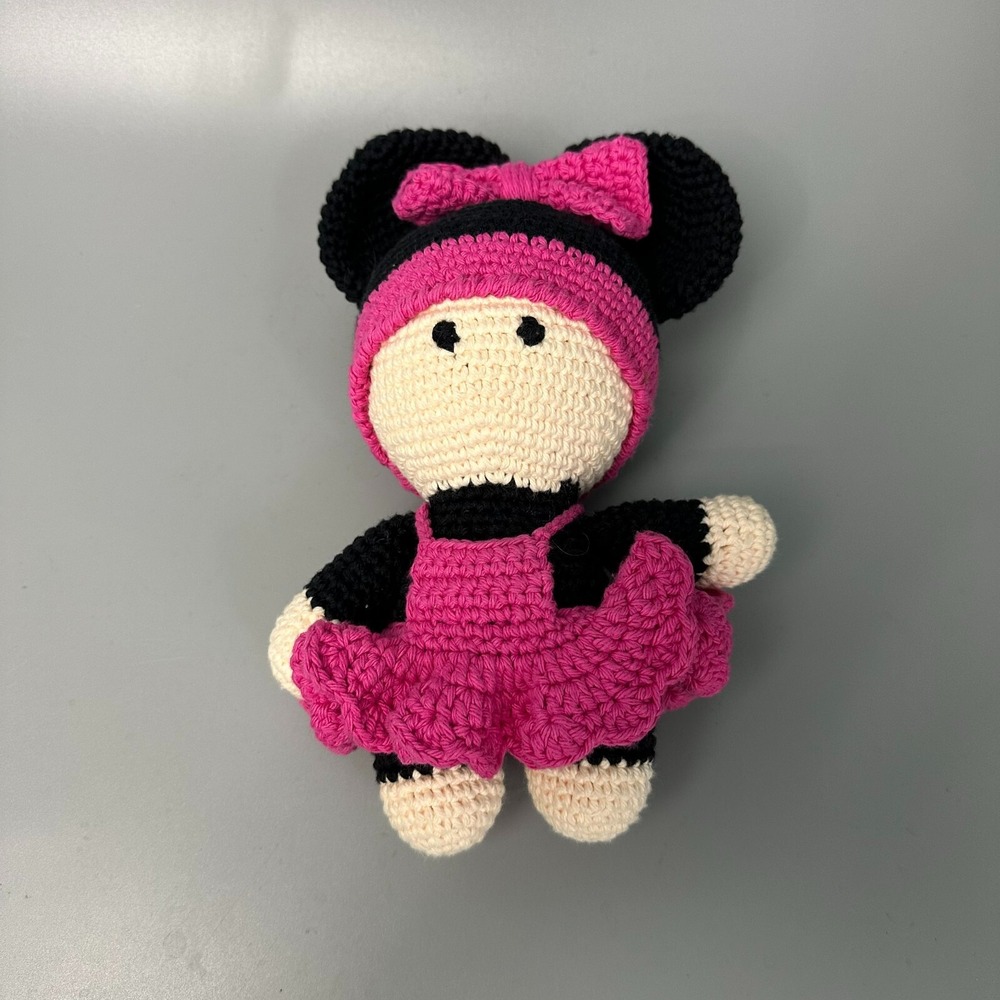 Handmade Crochet Mouse Doll Amigurumi Pink Black White Plush Toy Skirt Bow